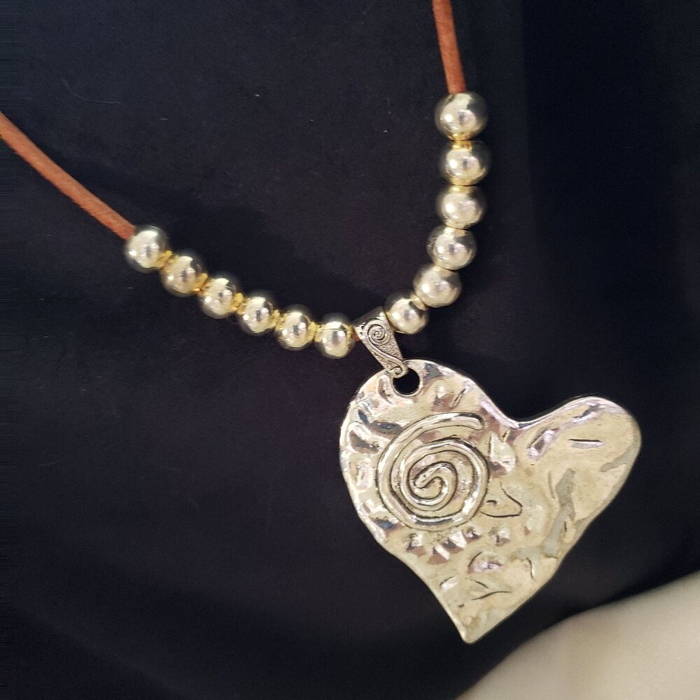 Silver heart with beads on leather necklace
